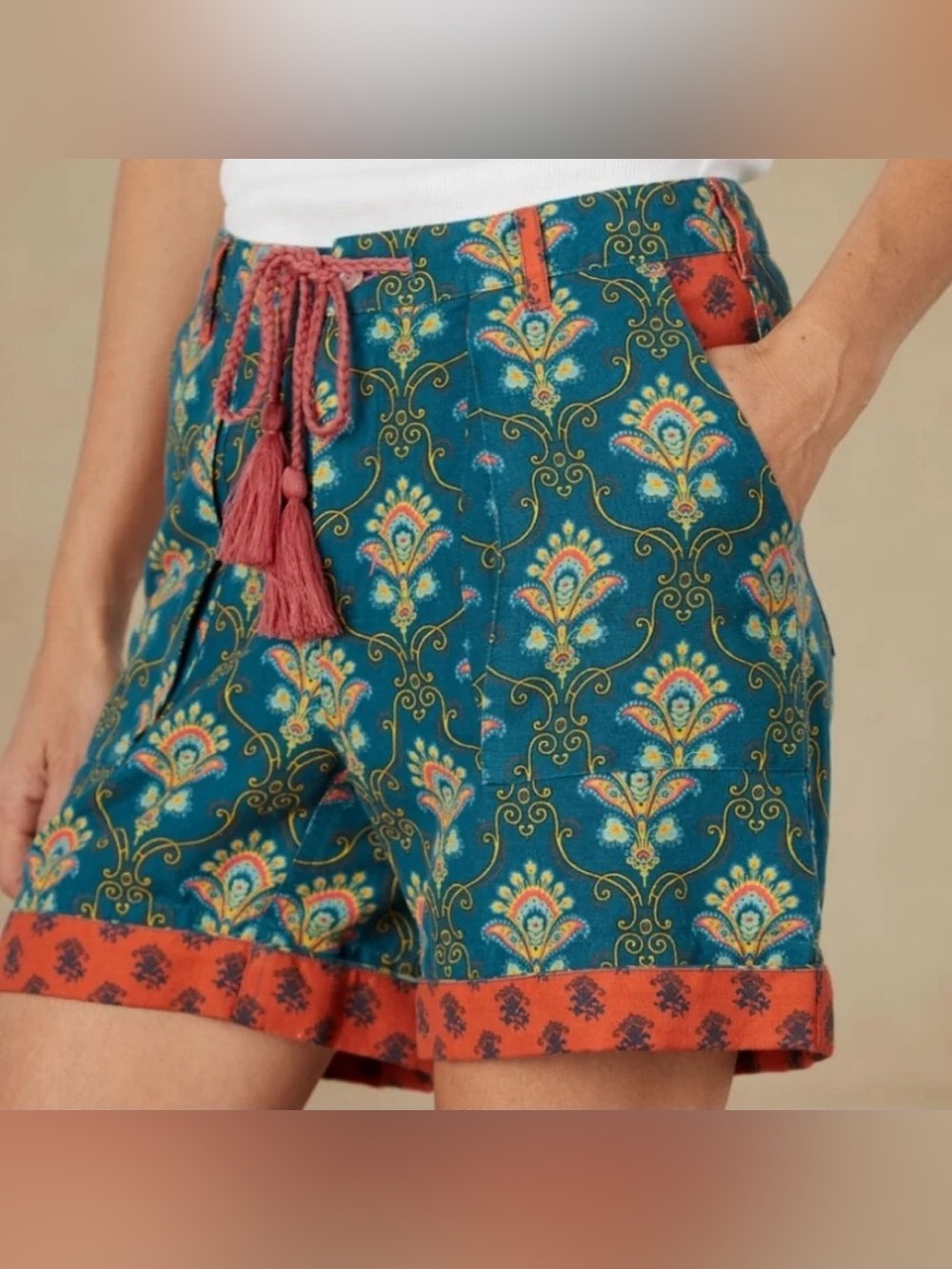 Sundance Kalini Paisley Floral Bermuda Shorts Size Large Green Tassels New